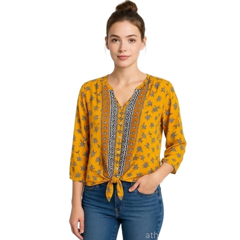 West Kei Blouse Womans‎ Medium Mustard Floral Tie-Front Blouse Long Sleeve Boho